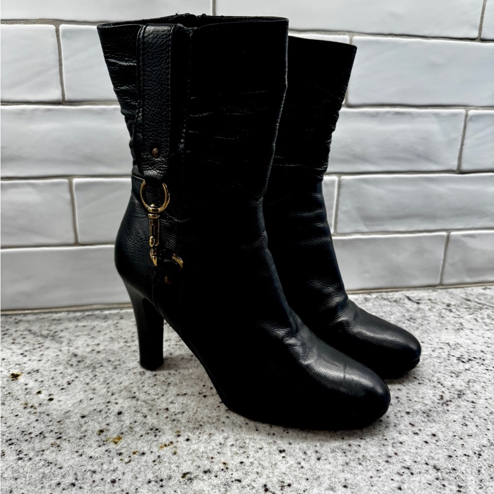 Coach "Torres" Black Leather Boots Ruched Side Zip Buckle Detail US Sz 10 Italy